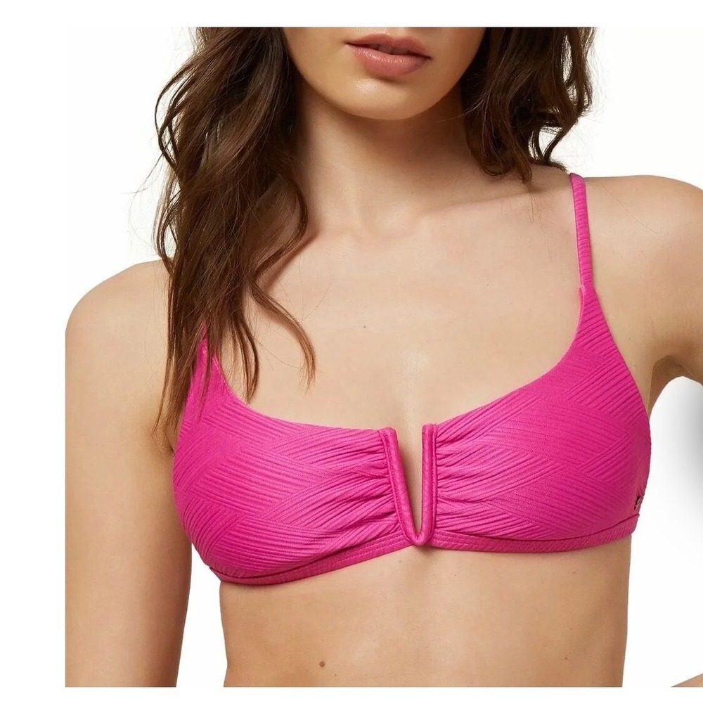 ONeill Saltwater Solids V-Wire Bikini Top Pink Ribbed Bralette Large NWT